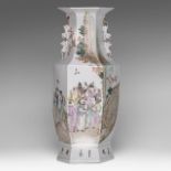 A Chinese Qianjiangcai 'Immortals' hexagonal vase, the back with a signed text, paired with lion han