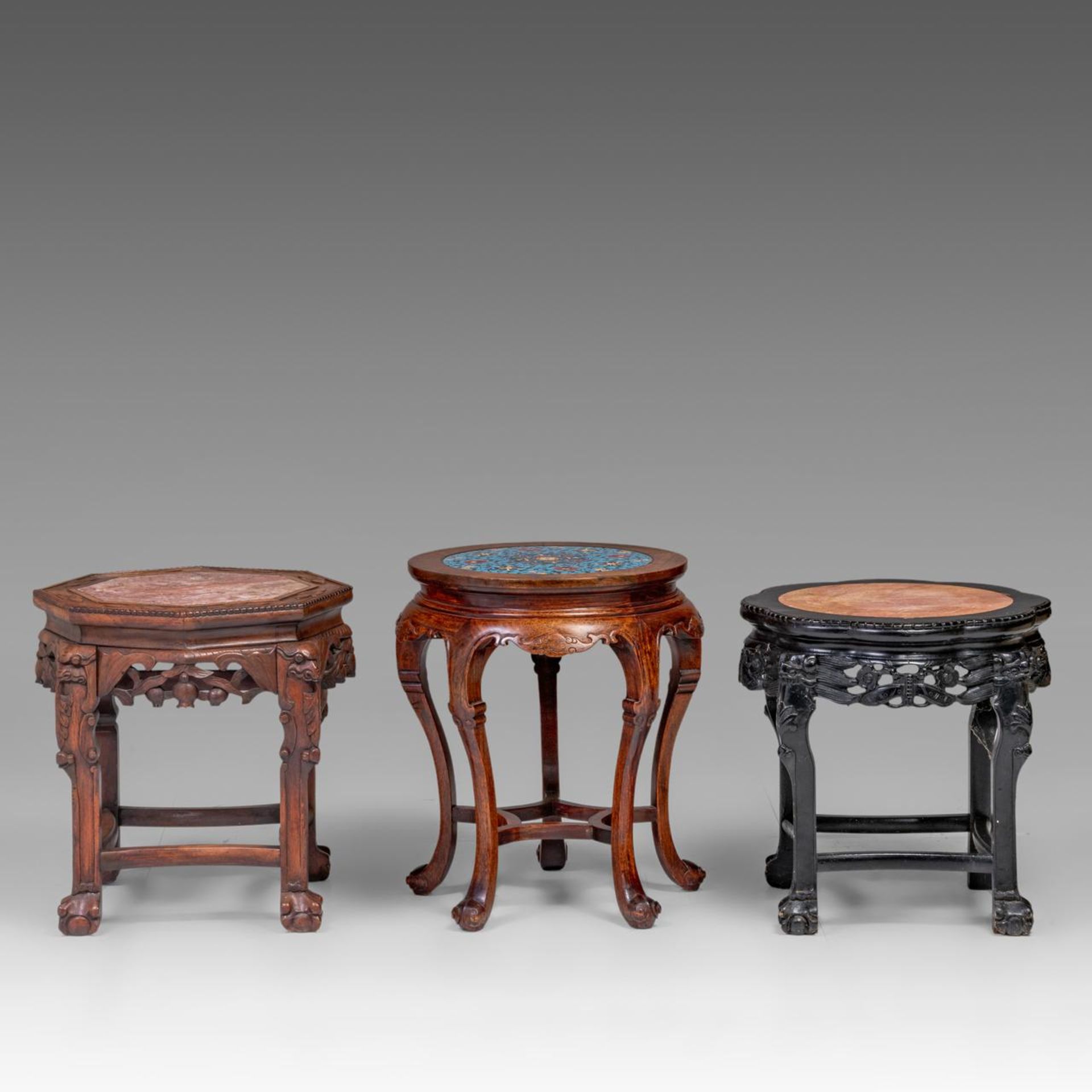 Three Chinese carved hardwood bases, two including a marble top, one with a cloisonne enamelled plaq - Image 6 of 9
