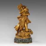 Denys Pierre Puech (1854-1942), boy with fish, gilt bronze a vert de mer marble base, H 41 cm (total