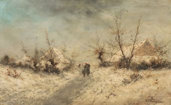 Isidoor Verheyden (1846-1905), rural landscape in the snow with figures, oil on canvas 50 x 80 cm. (