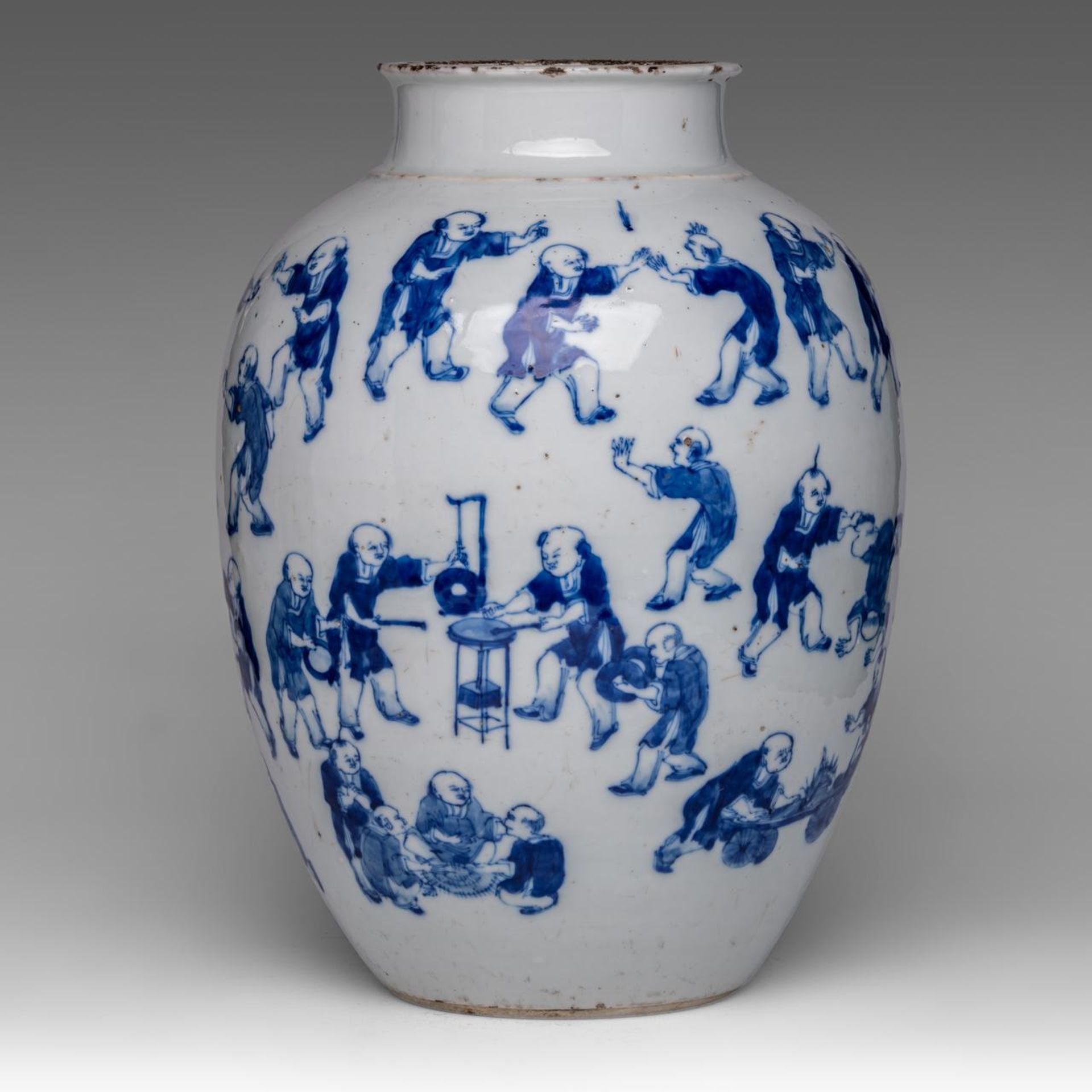 A Chinese blue and white 'Hundred Boys Welcoming Spring' jar, with a Kangxi mark, late 19thC, H 37 c - Image 2 of 6