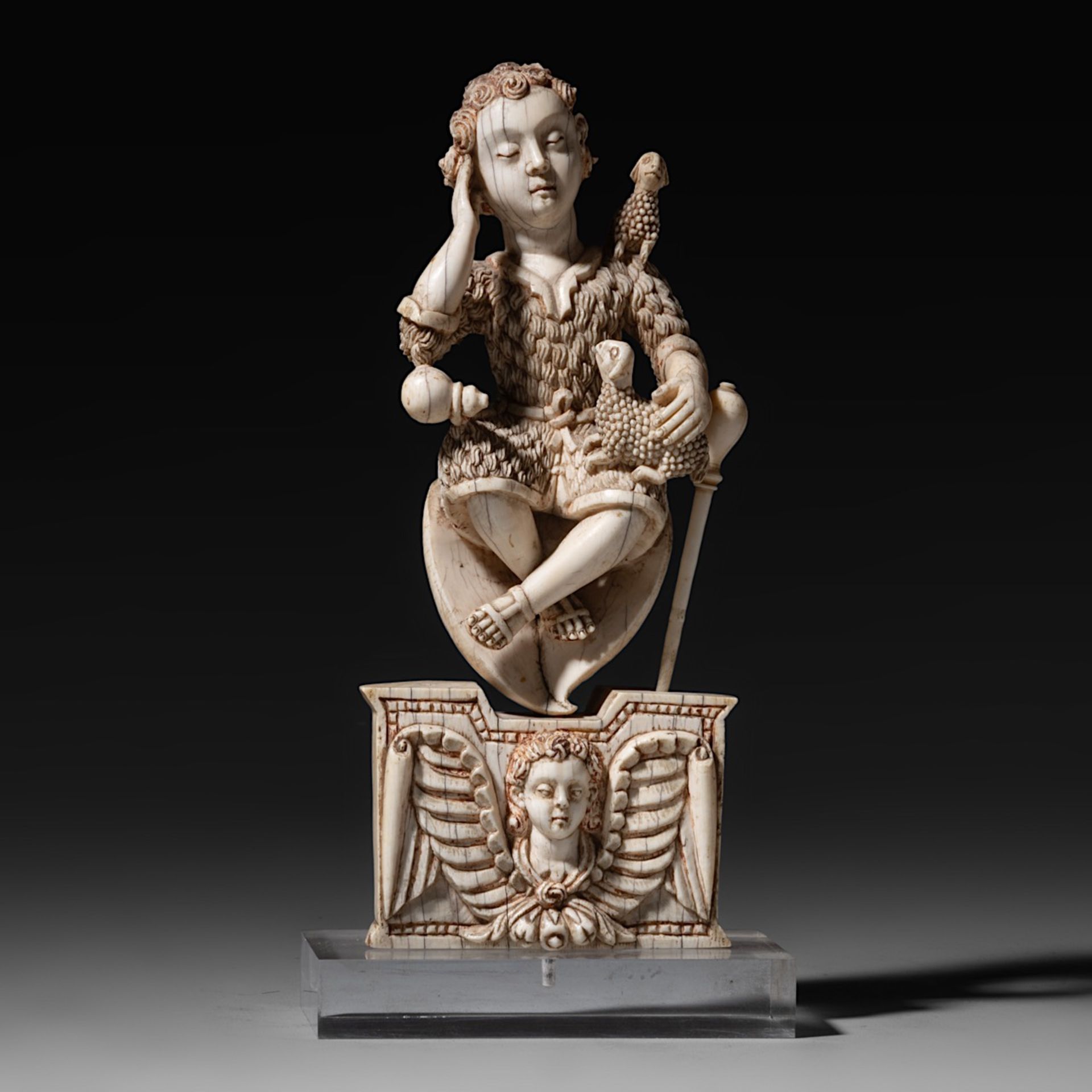 A large 17th-18thC Goa ivory carving of Christ represented as the Good Shepherd, ivory H 22,5 cm - t