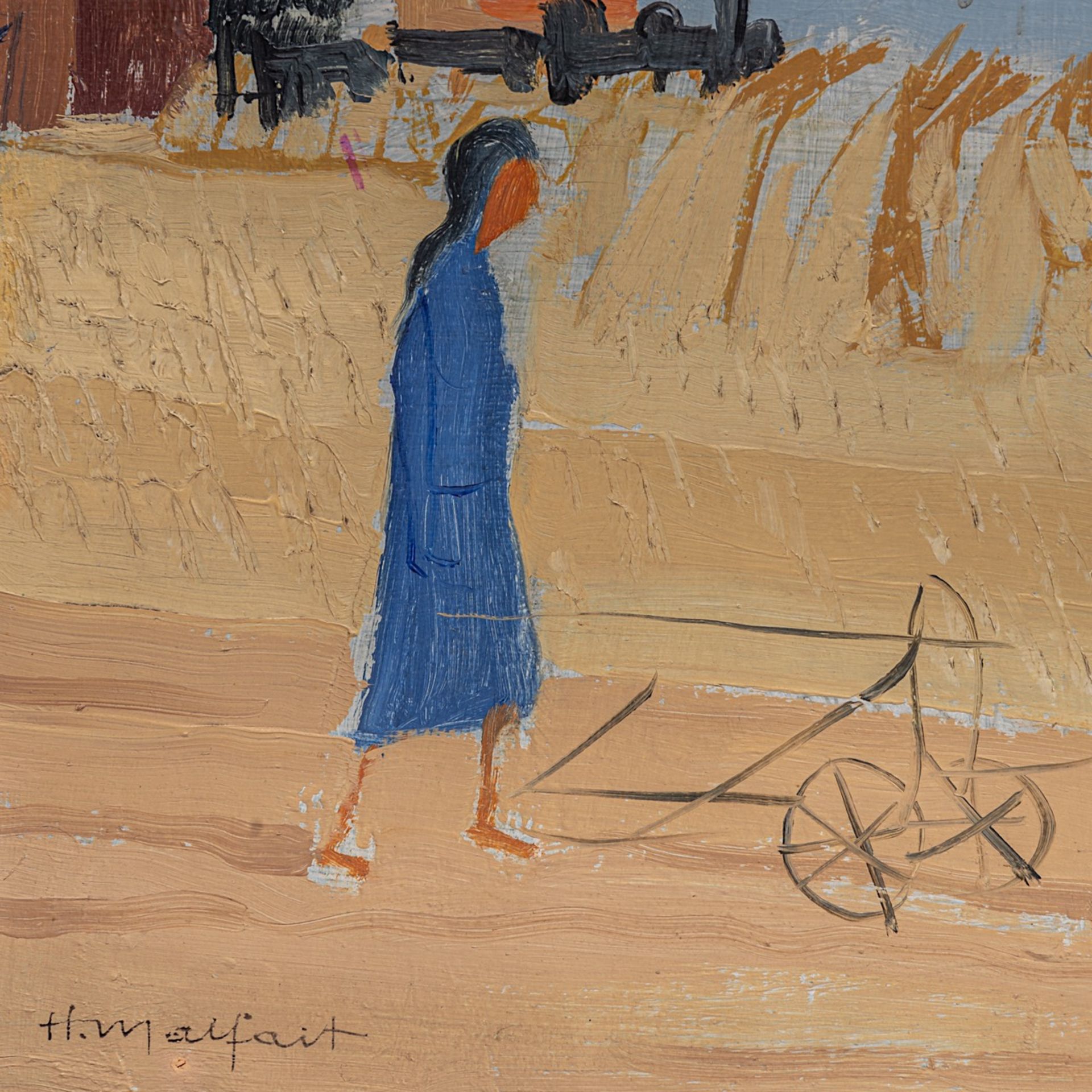 Hubert Malfait (1898-1971), female farmer ploughing the field with horse, oil on panel 40 x 50 cm. ( - Image 4 of 5