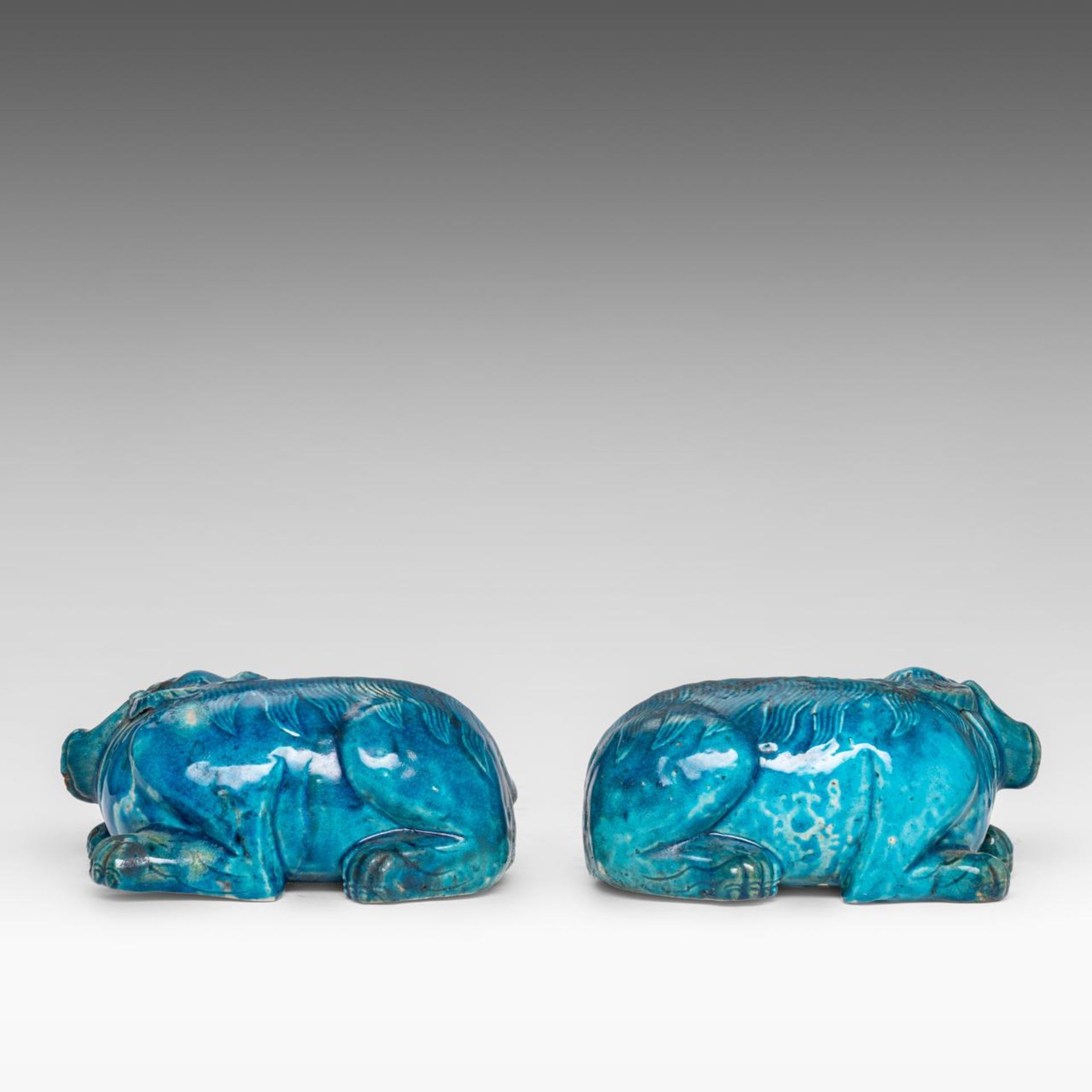 A pair of Chinese turquoise glazed ceramic figures of a recumbent water buffalo, mid-late Qing, L 20 - Image 5 of 8