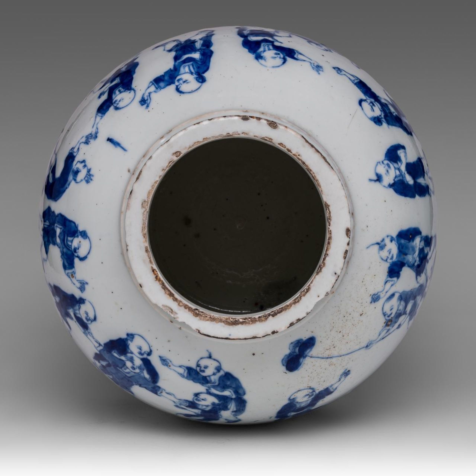 A Chinese blue and white 'Hundred Boys Welcoming Spring' jar, with a Kangxi mark, late 19thC, H 37 c - Image 5 of 6