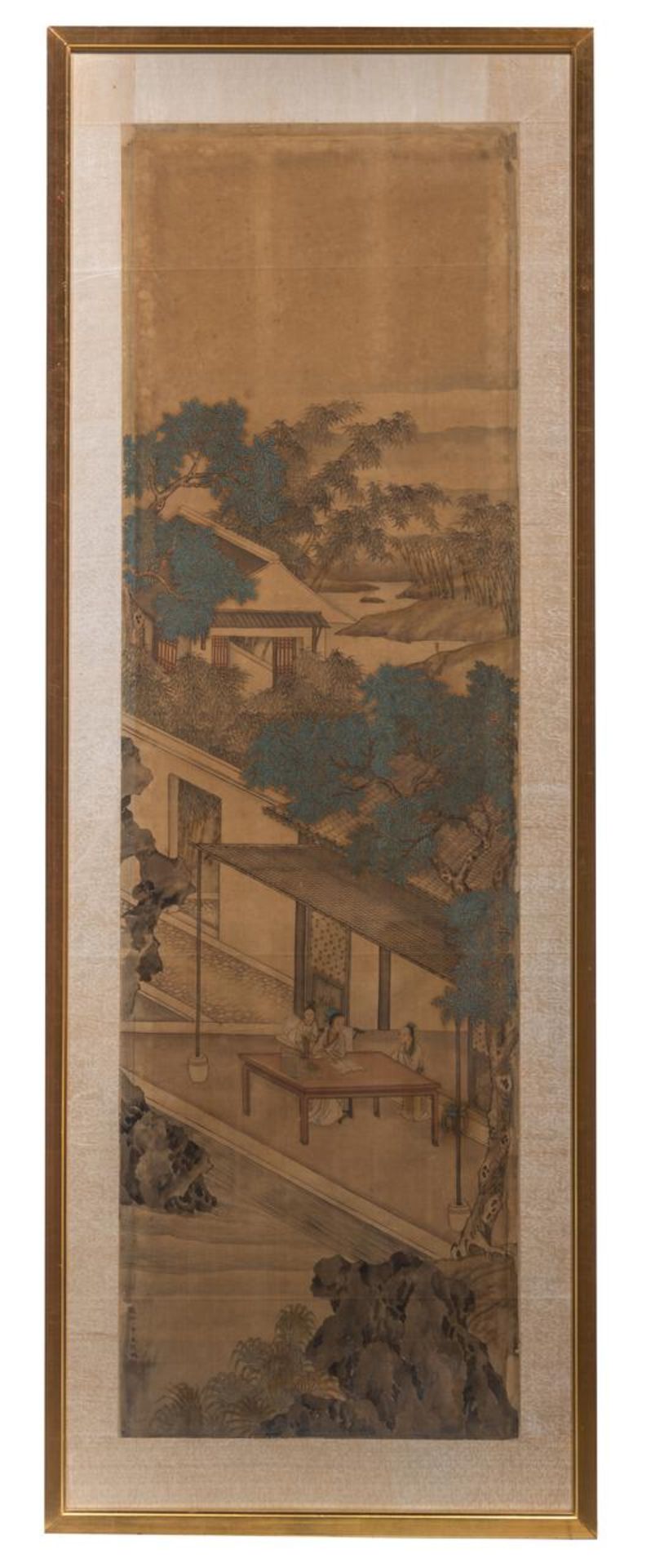 Two Chinese 'Scholars' paintings, colour on silk, framed, Qing dynasty, 60,5 x 154,5 cm (incl. frame - Image 3 of 13