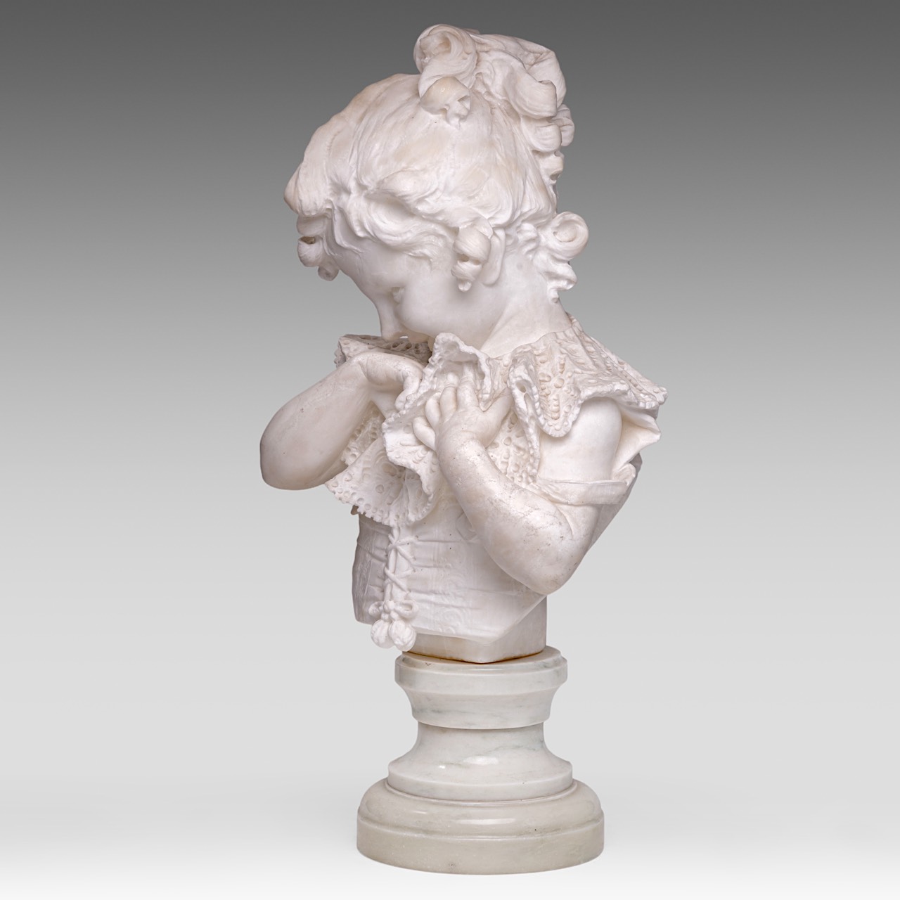 Studio of Pietro Bazzanti (1825-1895), the Carrara marble bust of a girl with a lacework collar, H 6 - Image 2 of 7