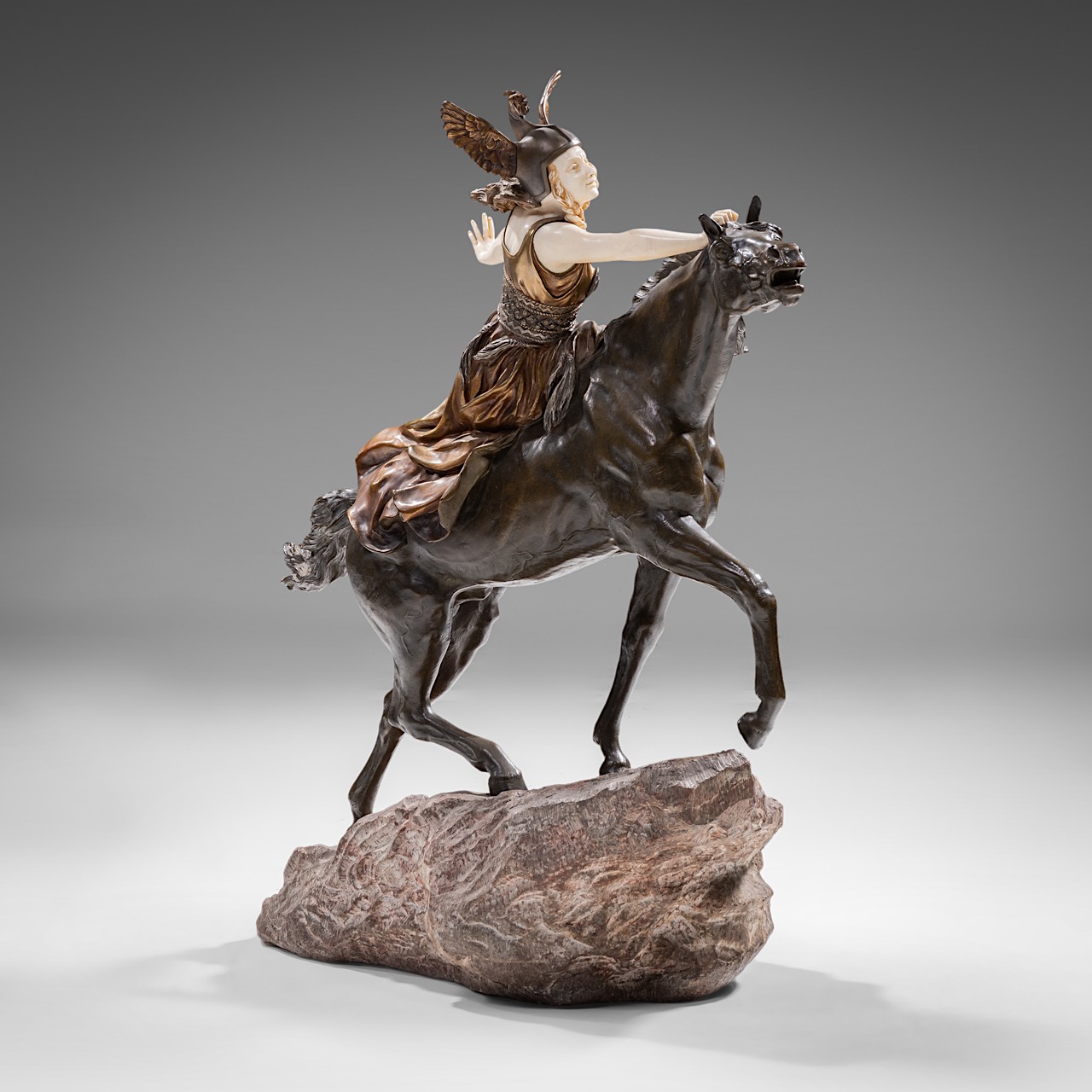 Claire Jeanne Roberte Colinet (1880-1950), 'Valkiria - Towards the Unknown', chryselephantine sculpt - Image 4 of 14