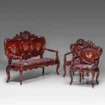 An Anglo-Chinese settee and two chairs, H settee 132 - H chair 108 cm