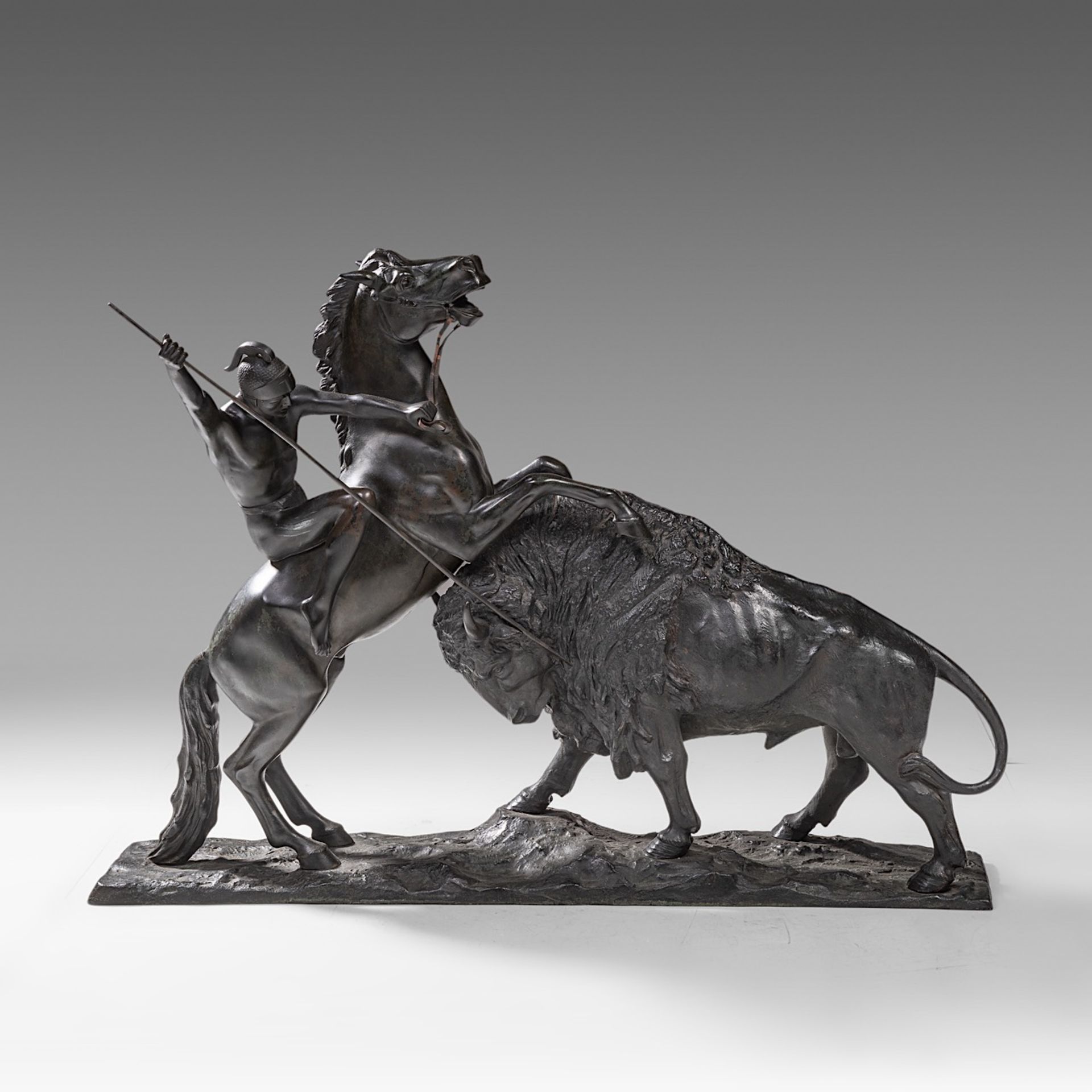 Andree, a Roman horse rider fighting a buffalo, full bronze, H 65 - W 98 cm - Image 6 of 8