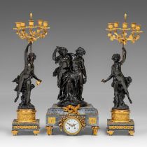 An imposing Neoclassical three-piece clock set with a patinated bronze bacchanal group after Clodion