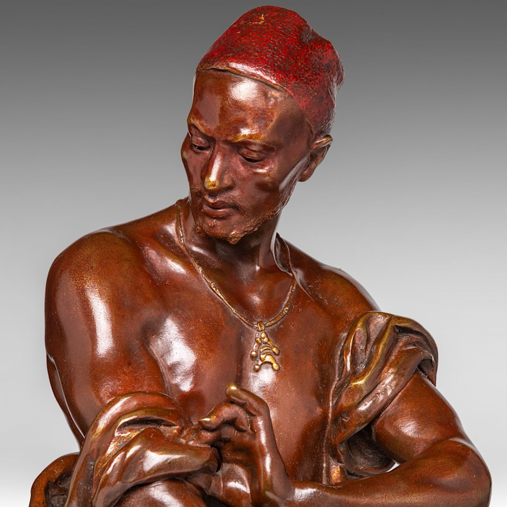 Georges-Charles Coudray (1862-1932), 'Le Gardien du Harem' brown patinated bronze, H 58 cm - Image 8 of 8