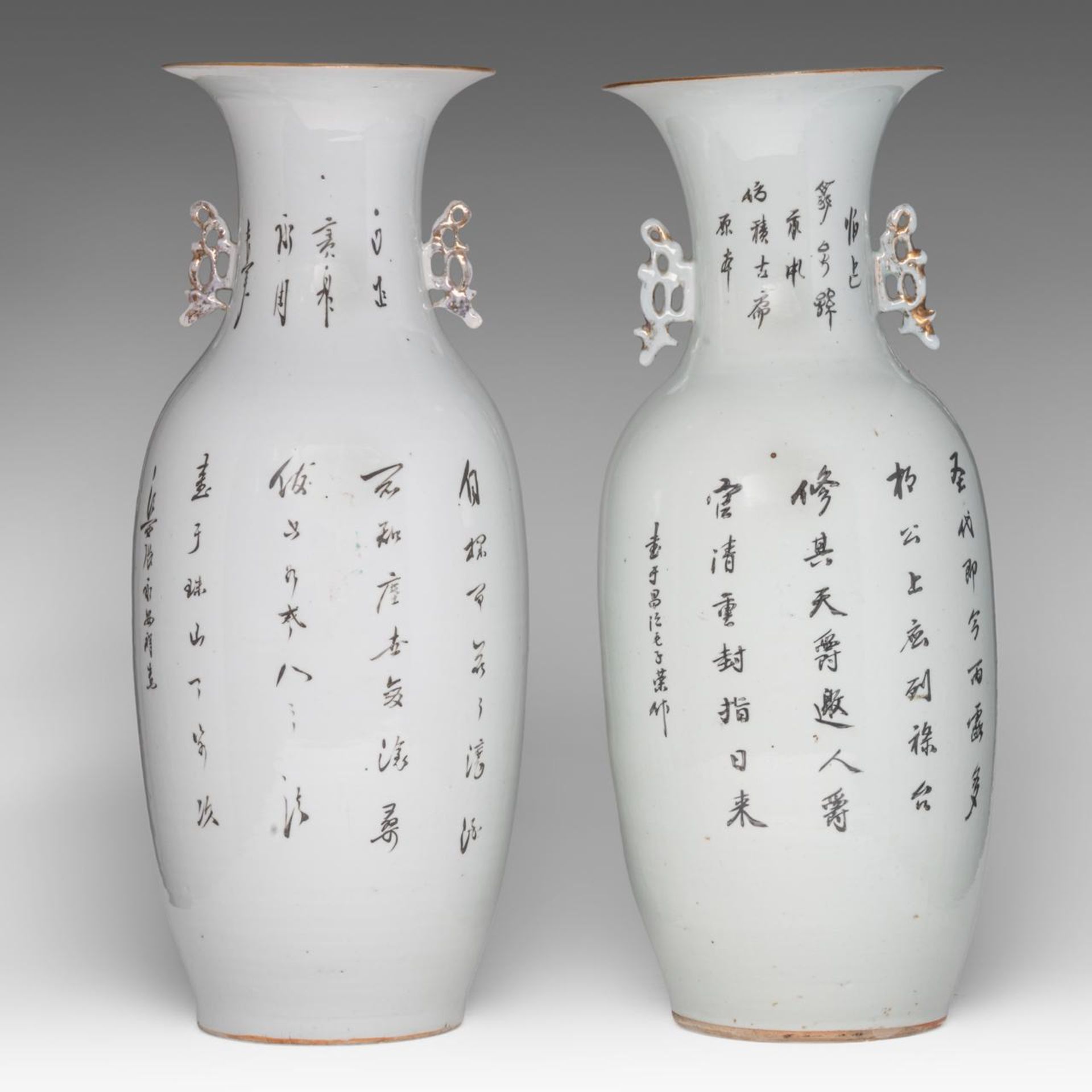 Two Chinese famille rose vases, both with a signed text, Republic period, H 58 cm - Image 3 of 6