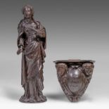 A carved wooden sculpture of Saint Barbara, on a matching console, H 139 cm (total)