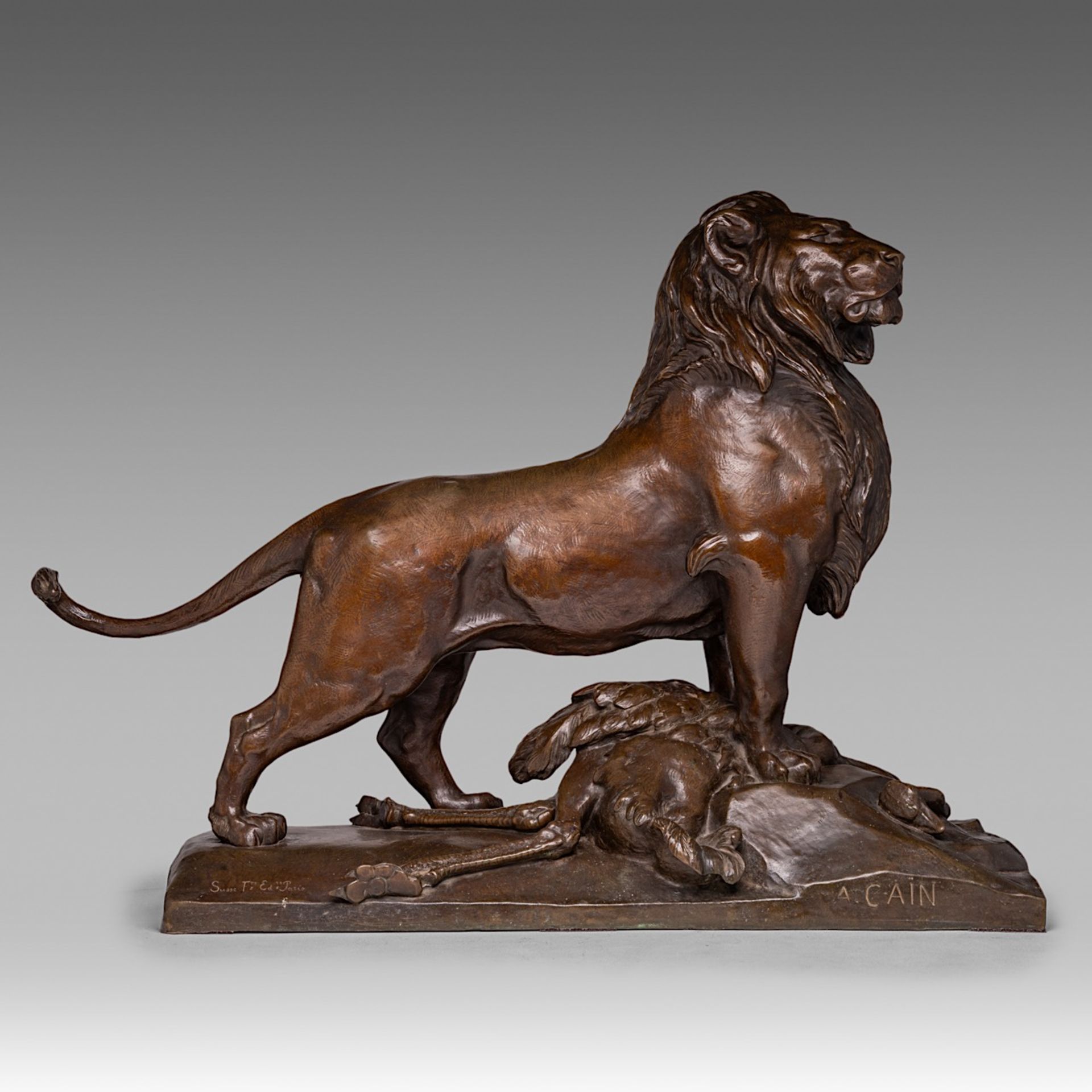 Auguste Nicolas Cain (1821-1894), 'The Lion of Nubia and its Prey', H 62 - W 72 cm - Image 2 of 8