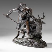 Jean-Baptiste II Debay (1802-1862), 'Le Genie de la Chasse', dark patinated bronze, H 66 - W 74 cm