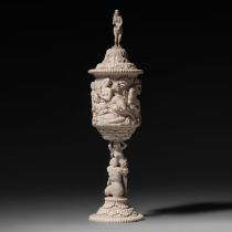 An ivory cup and cover depicting the birth of Venus and other myths, 19thC, French, H 36,5 cm - 706