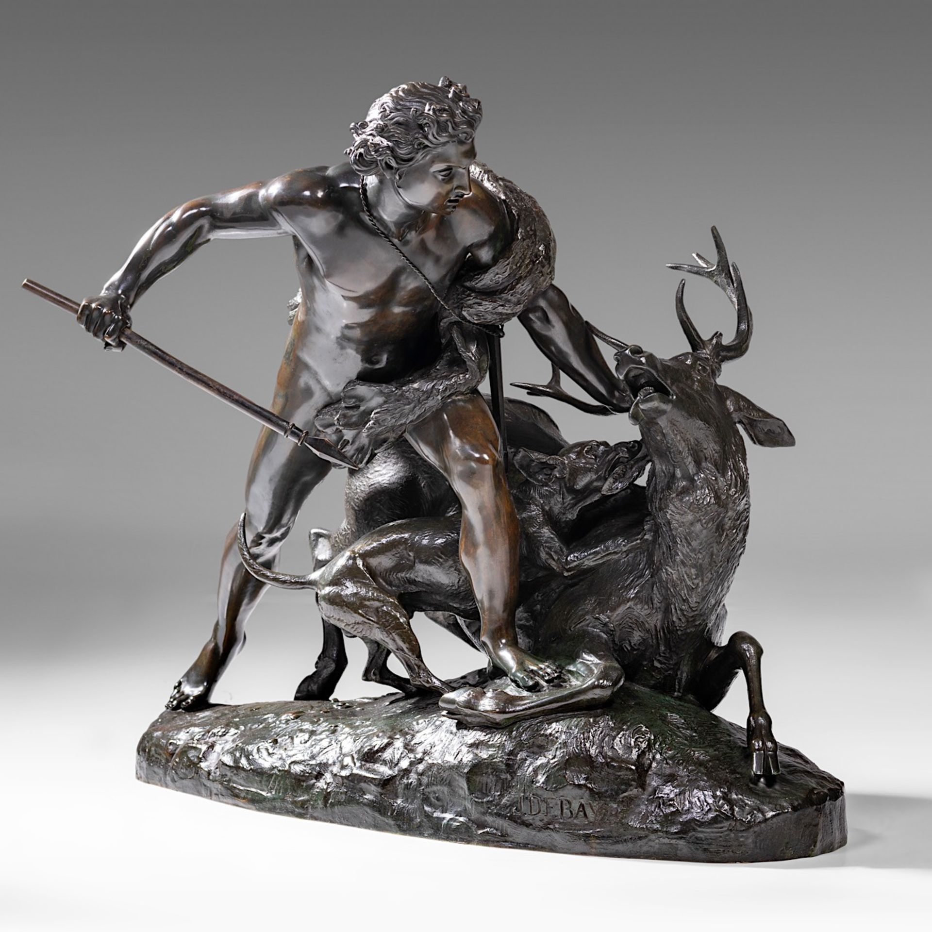 Jean-Baptiste II Debay (1802-1862), 'Le Genie de la Chasse', dark patinated bronze, H 66 - W 74 cm - Image 3 of 13