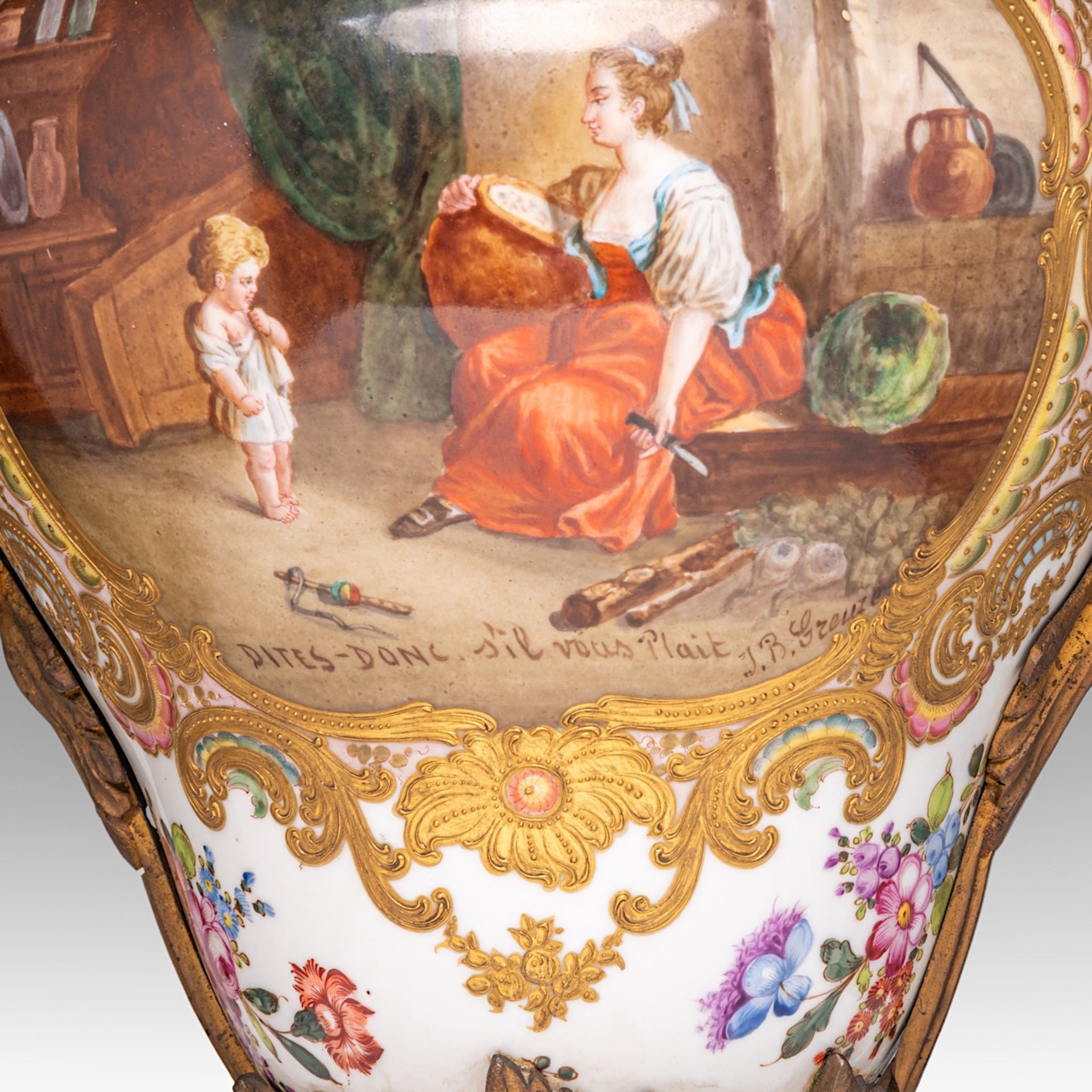 An imposing pair of Rococo Revival porcelain vases with hand-painted scenes after Jean-Baptiste Greu - Bild 9 aus 11