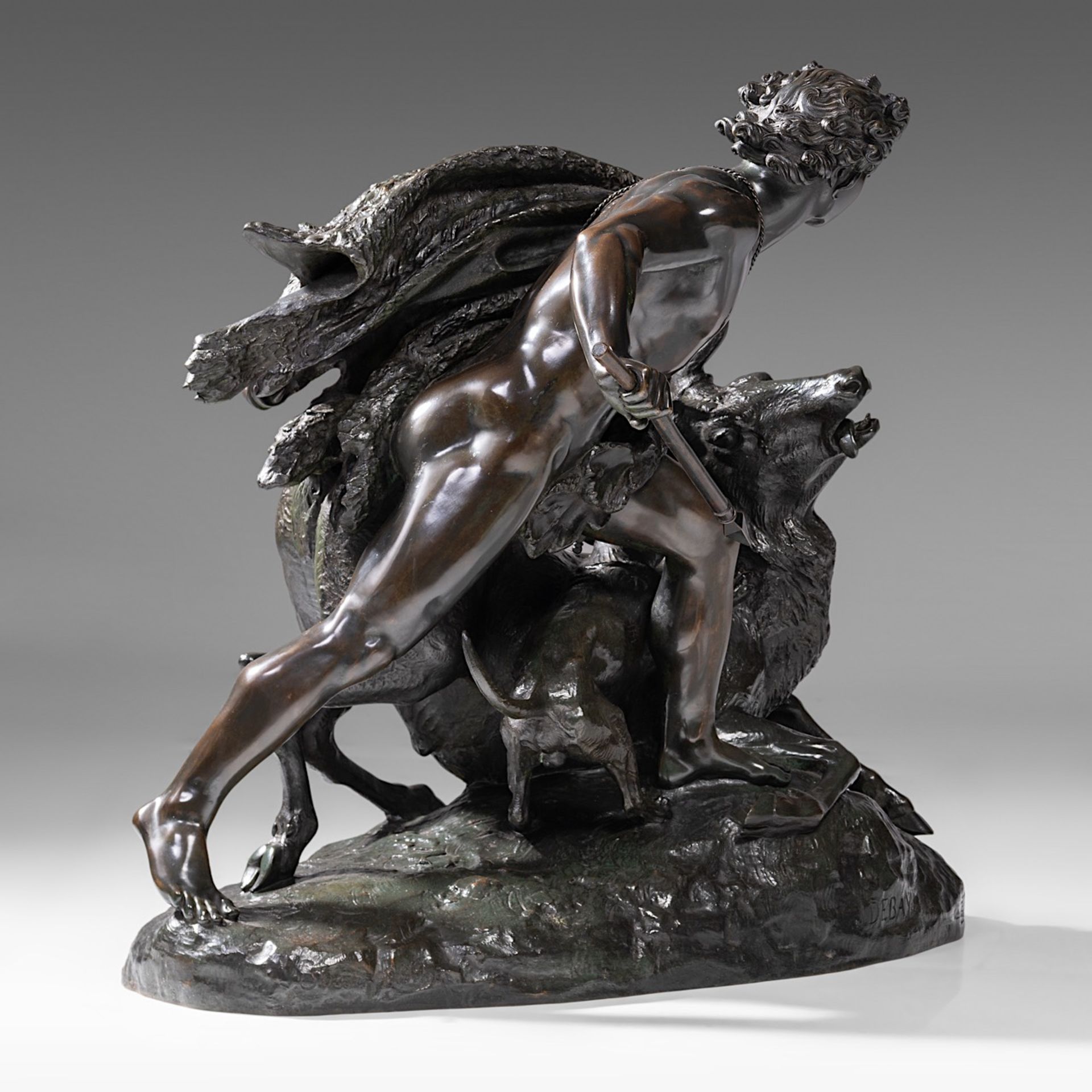 Jean-Baptiste II Debay (1802-1862), 'Le Genie de la Chasse', dark patinated bronze, H 66 - W 74 cm - Image 9 of 13