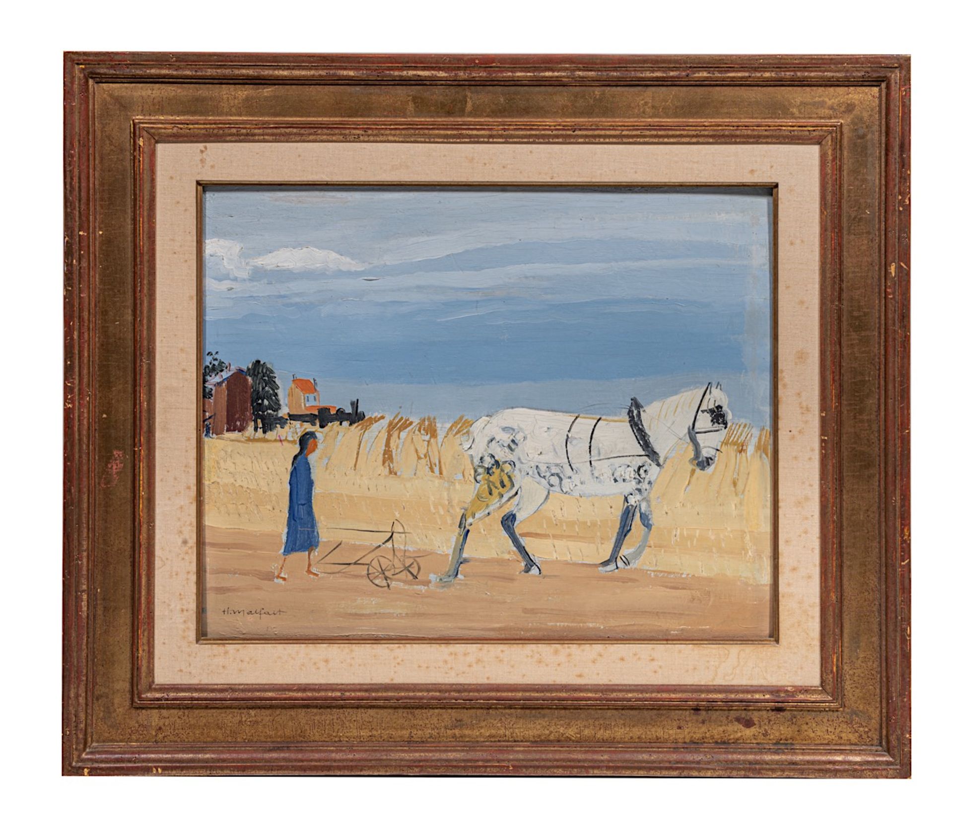 Hubert Malfait (1898-1971), female farmer ploughing the field with horse, oil on panel 40 x 50 cm. ( - Image 2 of 5