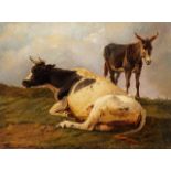 Eugene Verboeckhoven (1798/99-1881), Resting cow and donkey in a meadow, oil on panel 30 x 39 cm. (1