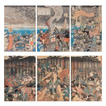 Two Japanese woodblock print triptychs of battle scenes by Kuniyoshi, both framed 103x62,5 cm