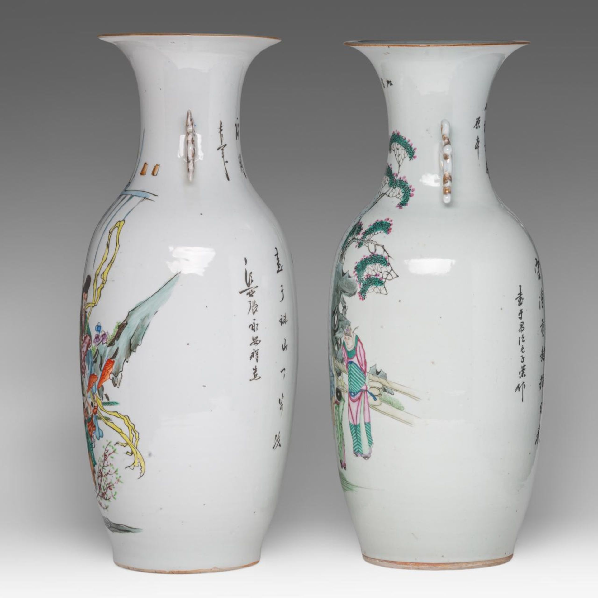 Two Chinese famille rose vases, both with a signed text, Republic period, H 58 cm - Image 2 of 6