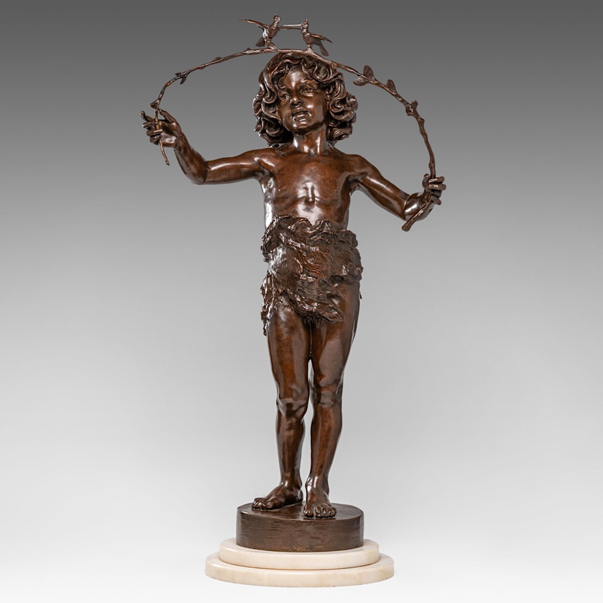 Marcel Debut (1865-1933), boy playing with birds, patinated bronze, H 70 cm - Image 2 of 6