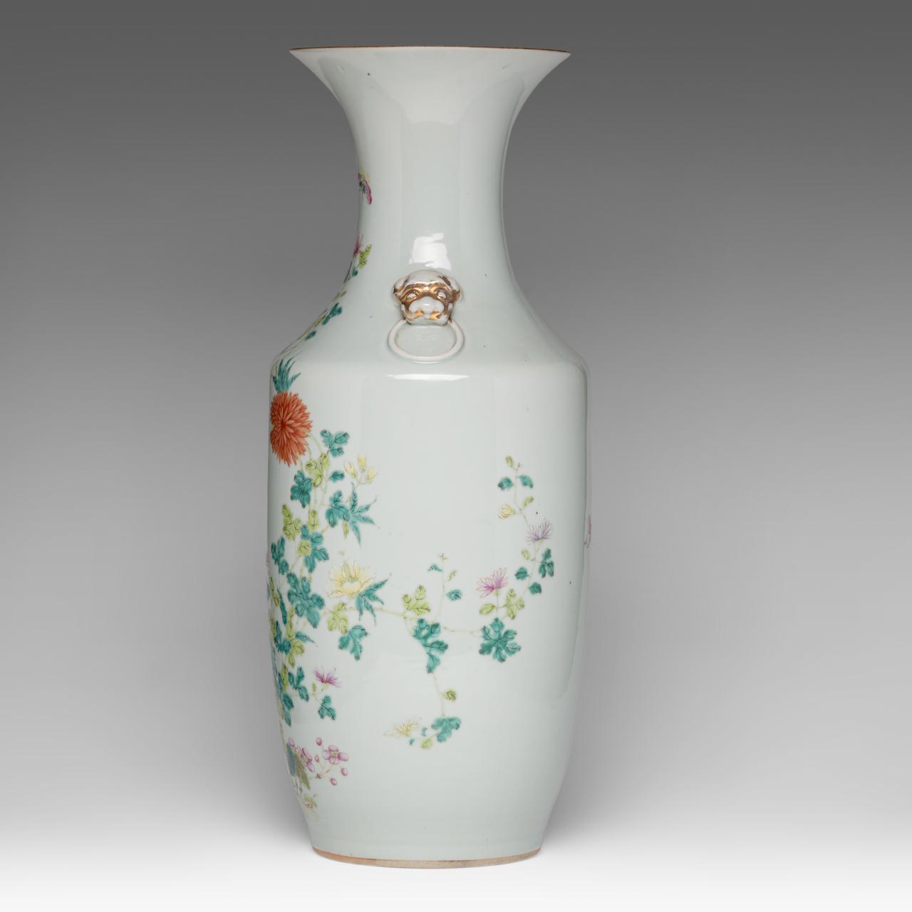 A Chinese famille rose 'Flower garden' vase, paired with lion head handles, late 19thC, H 57,8 cm - Image 2 of 6