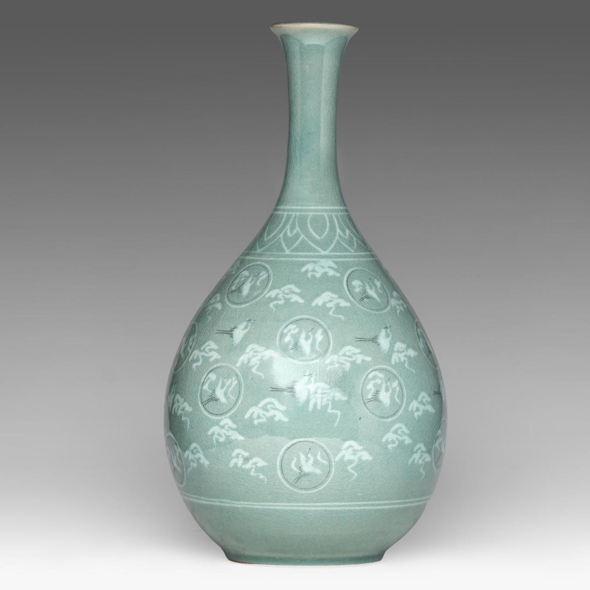 A Korean celadon ware 'Cranes and clouds' vase, 20thC, H 41,5 cm