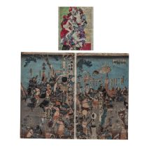 Three Japanese woodblock prints, one of them a diptych by Kuniyoshi, framed 39x39 cm / 62x52 cm