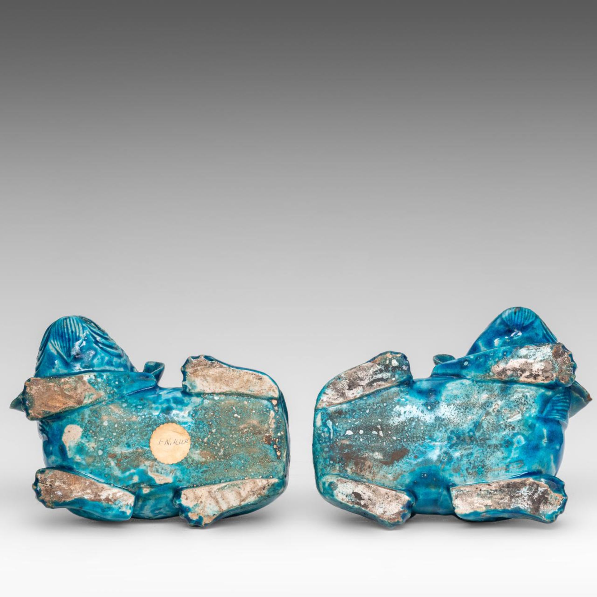 A pair of Chinese turquoise glazed ceramic figures of a recumbent water buffalo, mid-late Qing, L 20 - Image 8 of 8