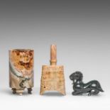 A small collection of three Chinese archaistic jade and other minerals carvings, 20thC, tallest H 18