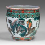 A fine Chinese famille verte 'Mythical Animals' fish bowl, 19thC, dia 46,5 - H 45 cm - including a h