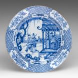 A Chinese blue and white 'Dong Zhuo at the Phoenix Pavilion' plate, Kangxi period, dia 34 cm
