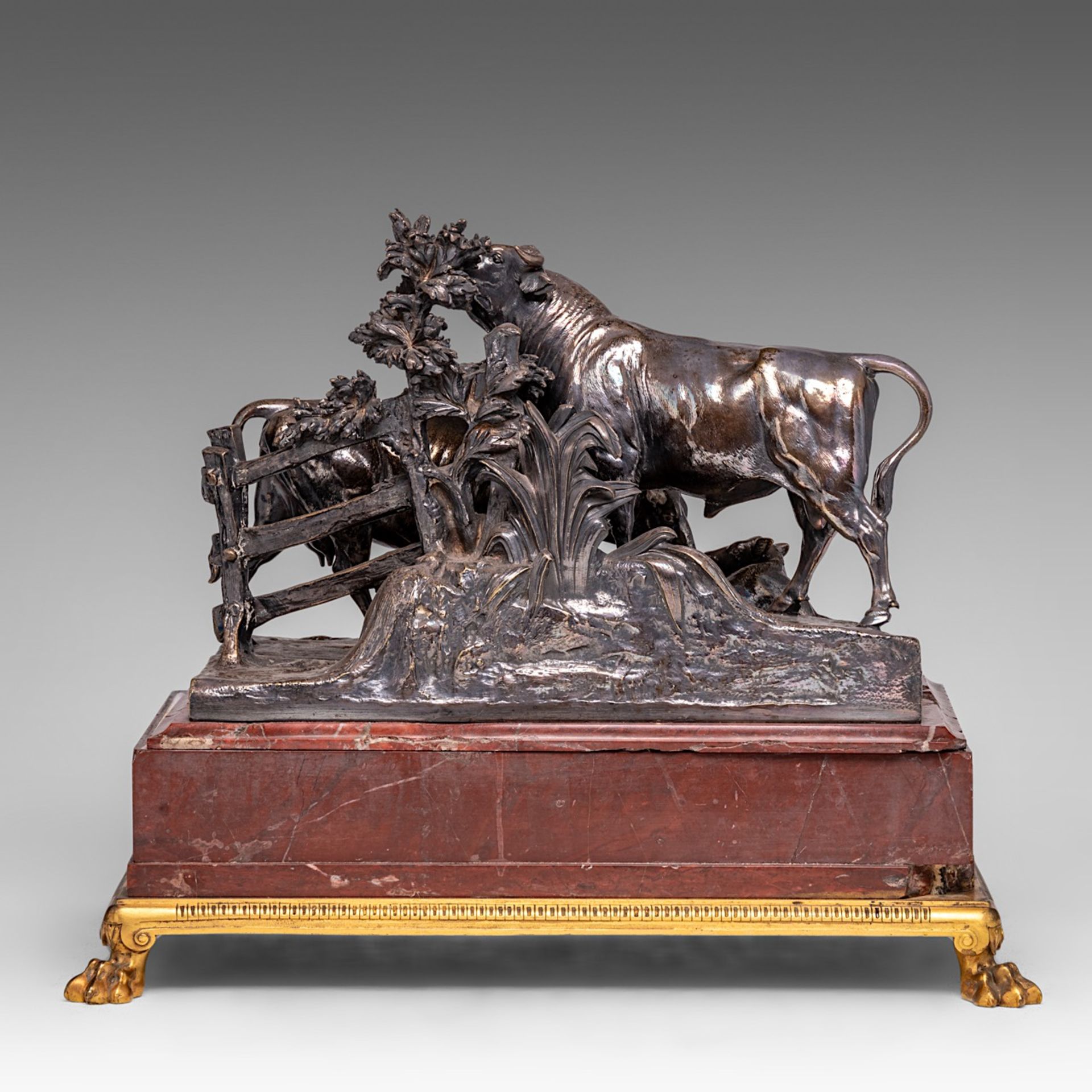 Louis-Pierre Rouillard (1820-1881), a silver-plated bronze group of a bull, a cow and a calf, cast b - Image 4 of 7