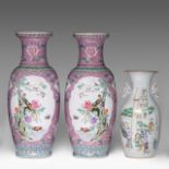 A pair of Chinese famille rose 'Birds in a garden' vases, 20thC, H 62,5 cm - added a famille rose fi