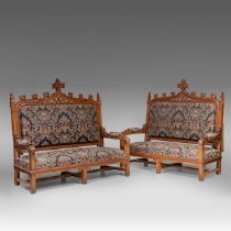 A pair of Gothic Revival oak settees, 19thC, H 150 cm - W 164 cm - D 67 cm