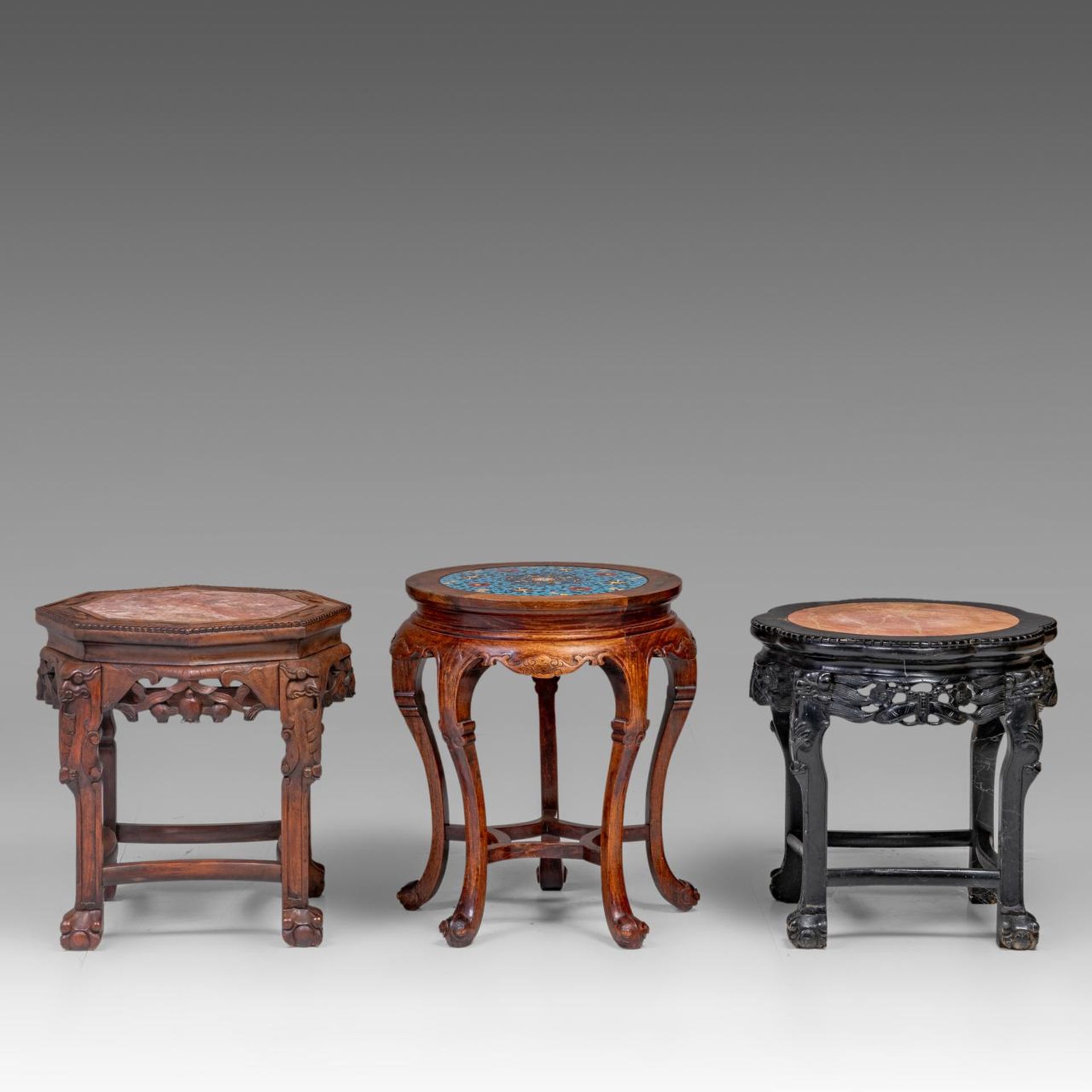 Three Chinese carved hardwood bases, two including a marble top, one with a cloisonne enamelled plaq - Image 2 of 9