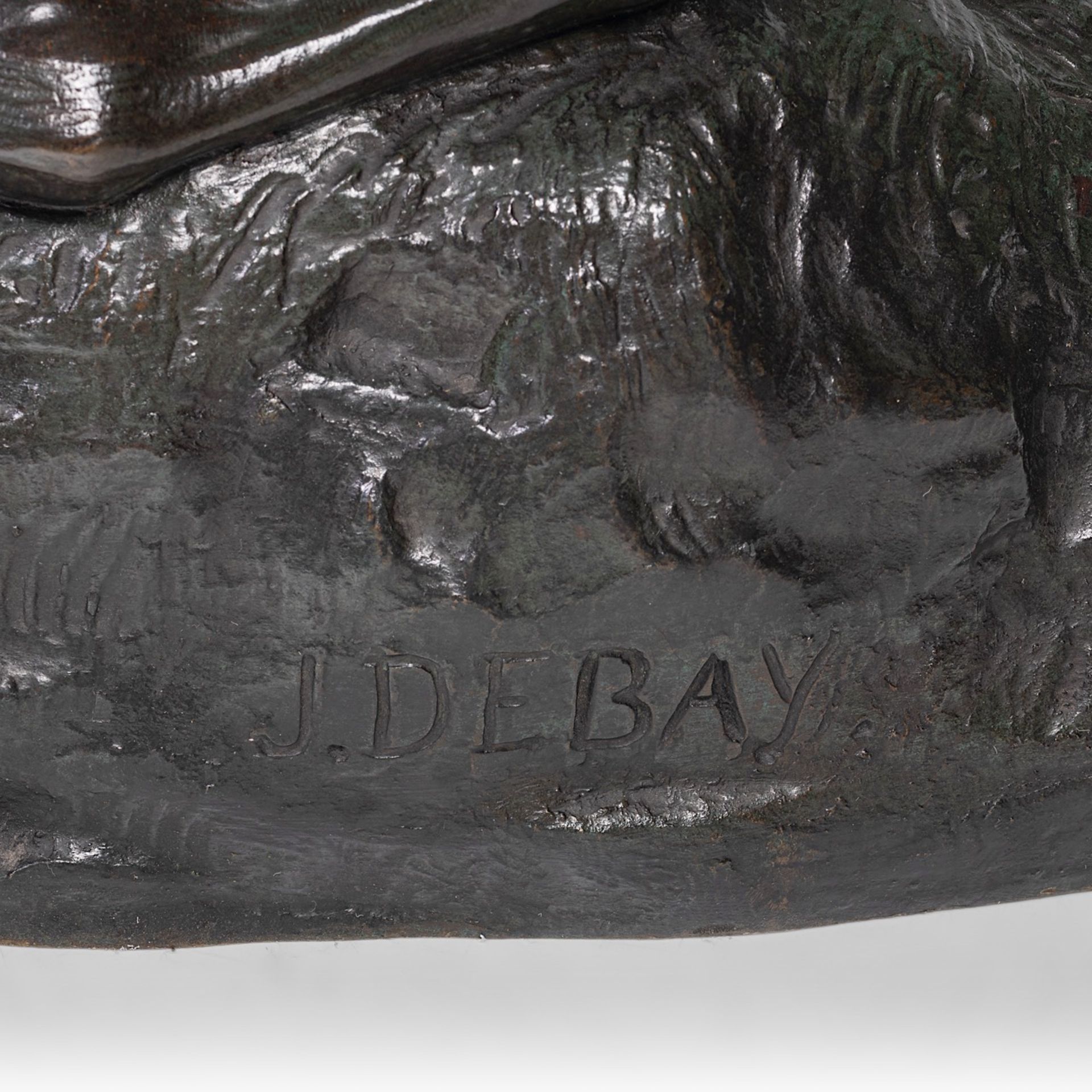 Jean-Baptiste II Debay (1802-1862), 'Le Genie de la Chasse', dark patinated bronze, H 66 - W 74 cm - Image 11 of 13