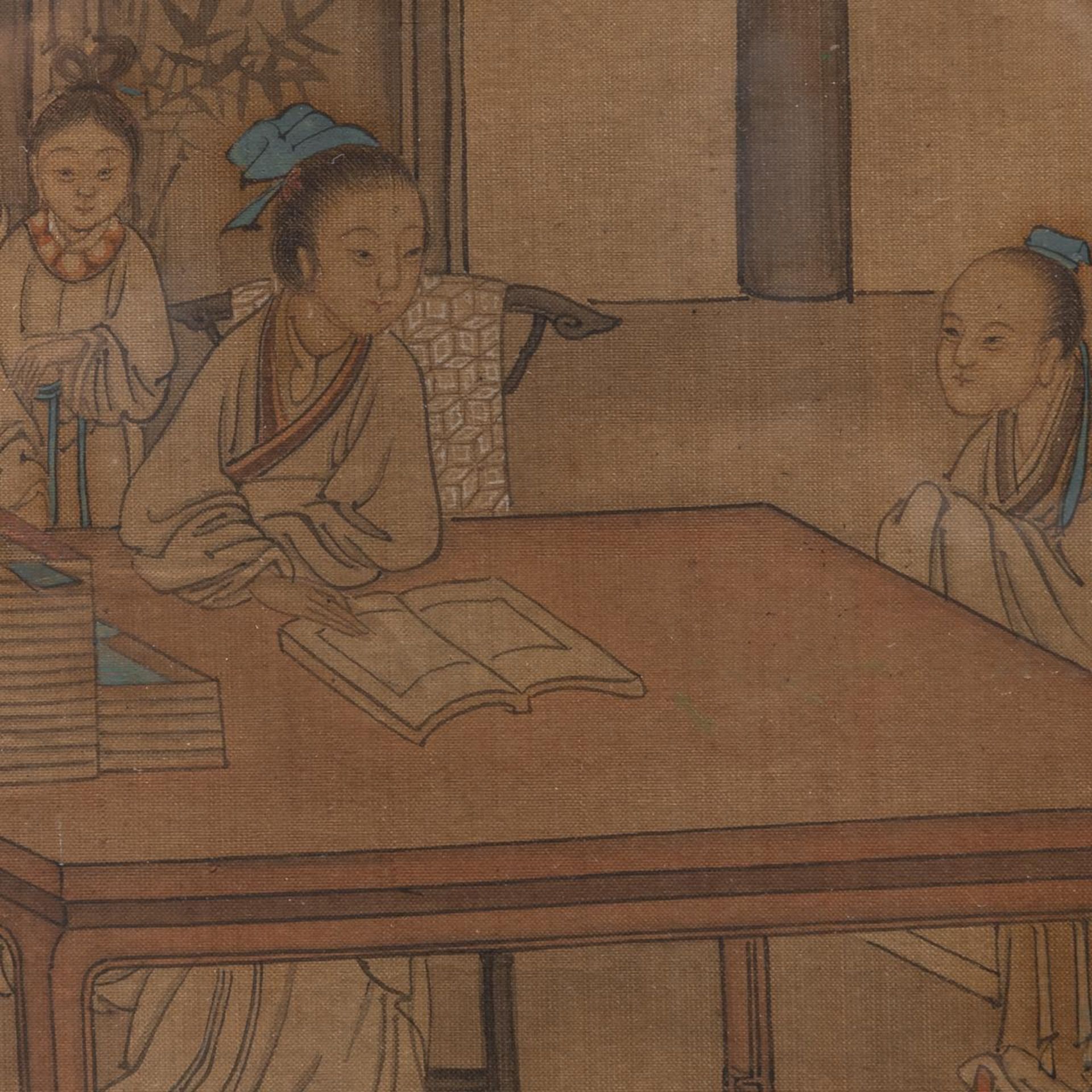 Two Chinese 'Scholars' paintings, colour on silk, framed, Qing dynasty, 60,5 x 154,5 cm (incl. frame - Image 13 of 13