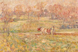 Modest Huys (1874/75-1932), farmer with ox ploughing the soil, oil on canvas 31 x 44.5 cm. (12.2 x 1