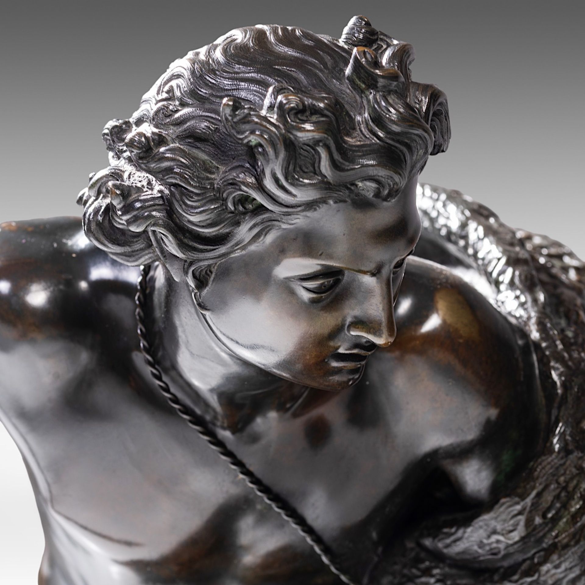 Jean-Baptiste II Debay (1802-1862), 'Le Genie de la Chasse', dark patinated bronze, H 66 - W 74 cm - Image 12 of 13