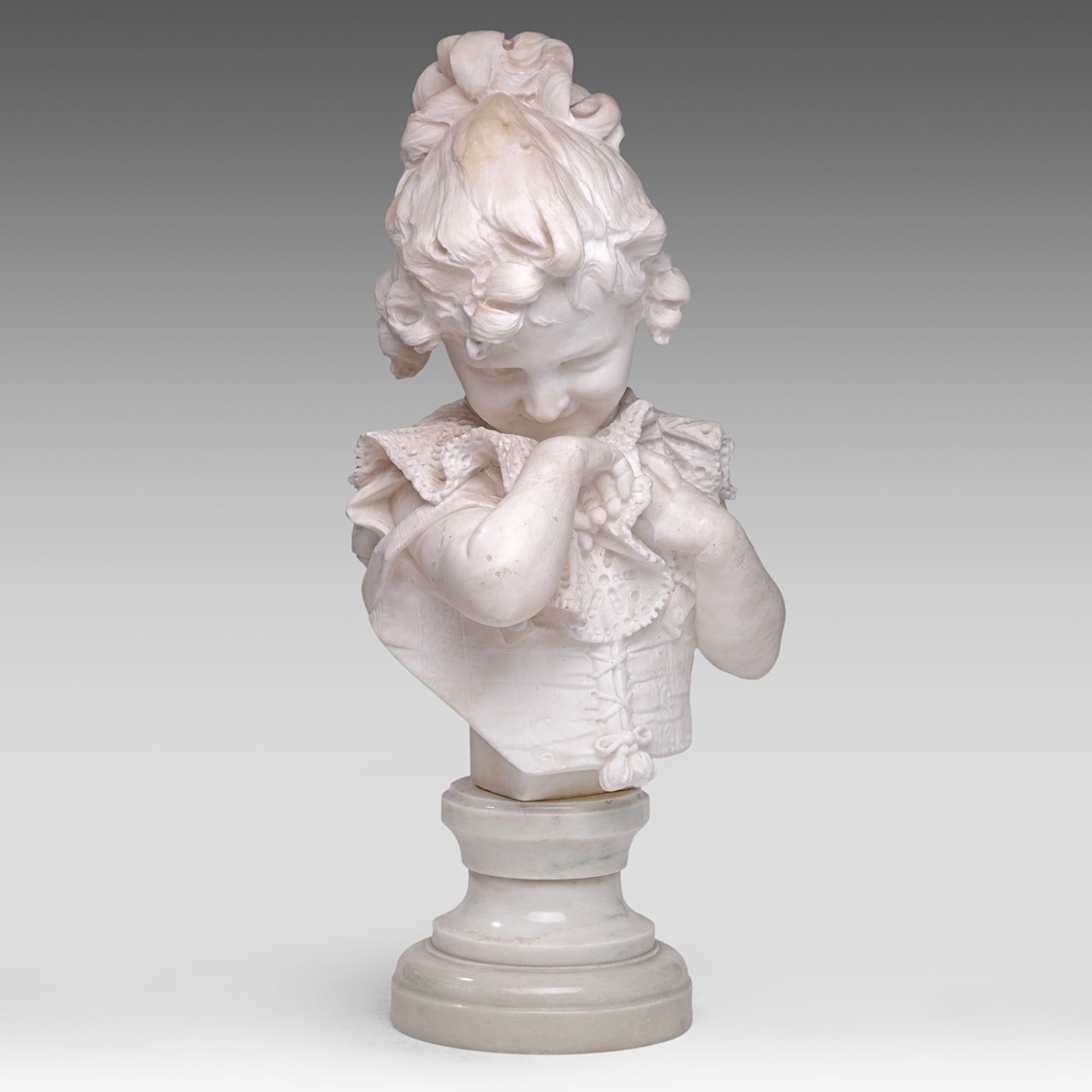 Studio of Pietro Bazzanti (1825-1895), the Carrara marble bust of a girl with a lacework collar, H 6 - Image 6 of 7