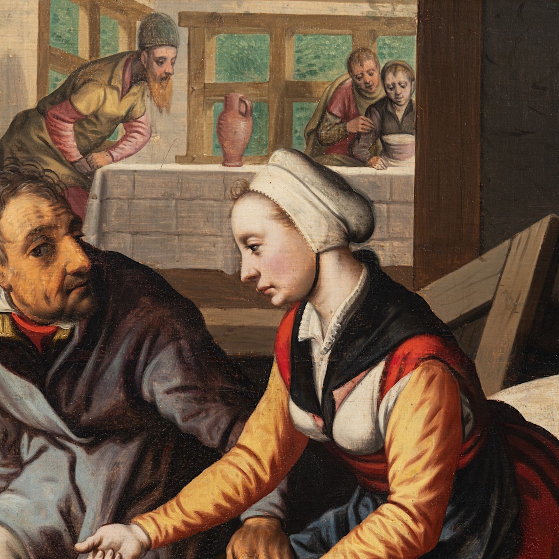 Attrib. to Pieter Aertsen (1507/08-1575), kitchenmaid and customers in a hostel, oil on canvas 81 x - Image 5 of 6