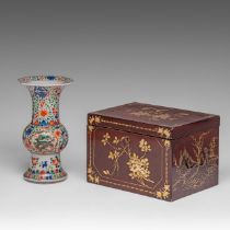 A Chinese wucai 'Dragon' gu vase, with a Wanli mark, H 23,5 cm - added a South Chinese lacquered box