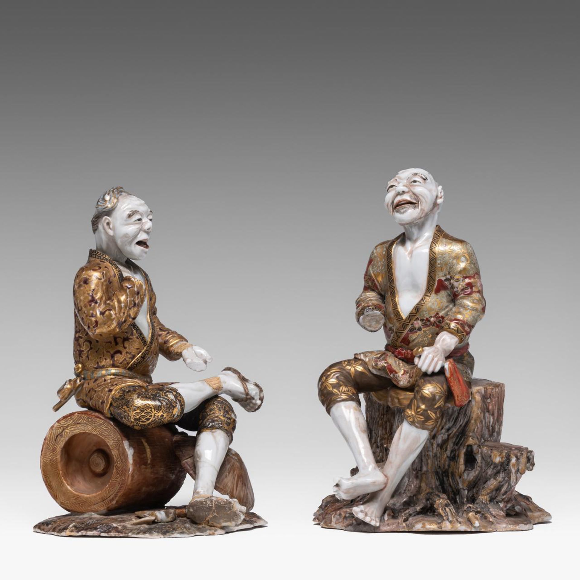 Two fine and rare Japanese Satsuma style porcelain figures, Meiji, H 22,5 - 23,5 cm