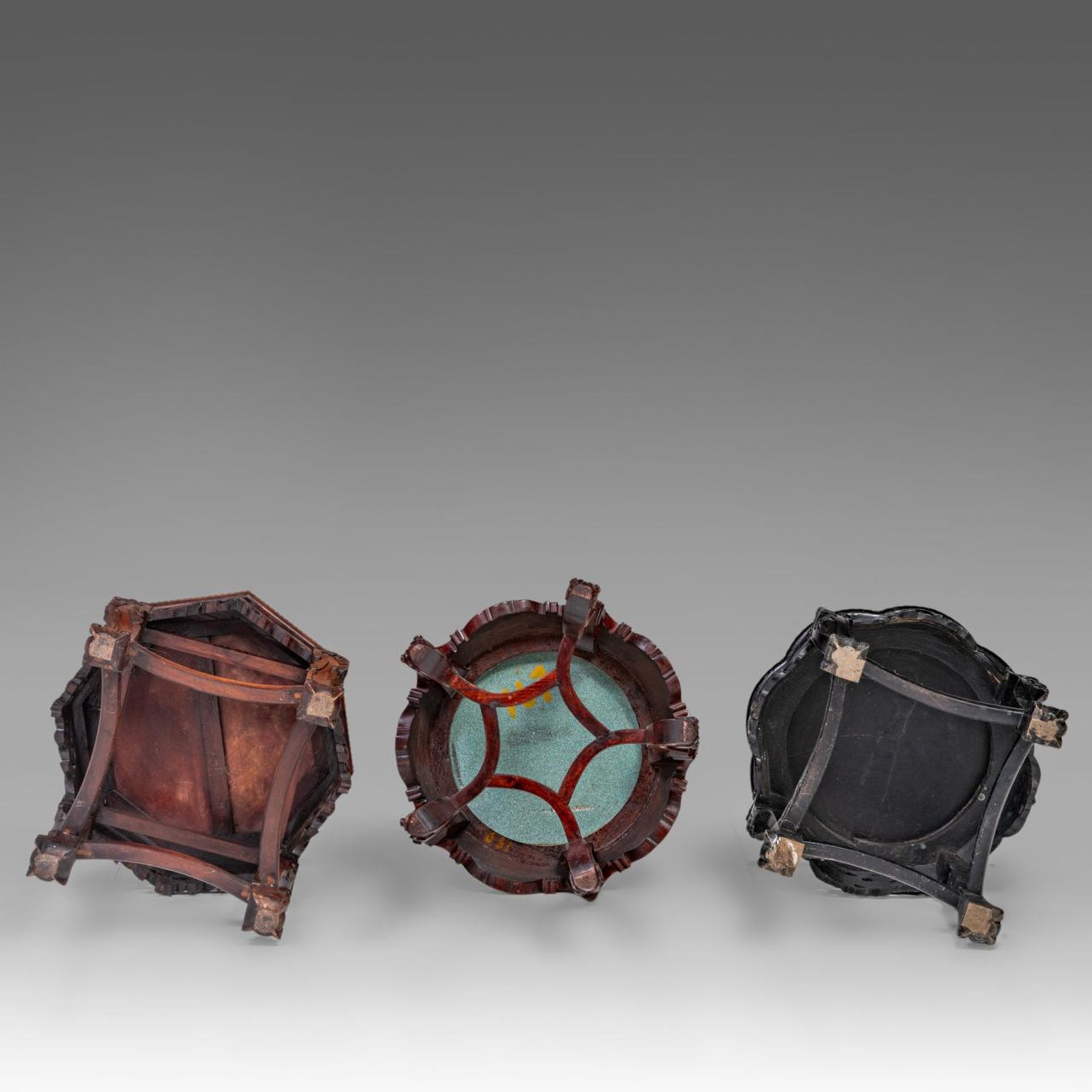 Three Chinese carved hardwood bases, two including a marble top, one with a cloisonne enamelled plaq - Image 9 of 9