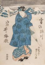 Utagawa Sadafusa, portrait of the actor Iwai Kamesaburo II as onnagata, ca. 1830, framed 47 x 44 cm